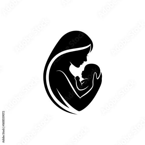 Silhouette of a mother holding a baby, a symbol of love and care.