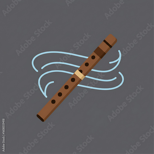 A brown wooden flute plays a melodic tune, represented by stylized musical notes.