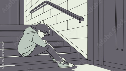 Illustration of sad boy sitting on stairs with hoodie in monochrome artwork drawing style