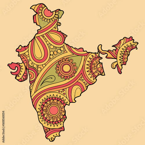 Decorative Indian subcontinent map shows colorful henna floral mandala pattern details throughout the regions
