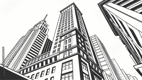 Black and white cityscape illustration of skyscrapers and urban architecture drawing for design projects