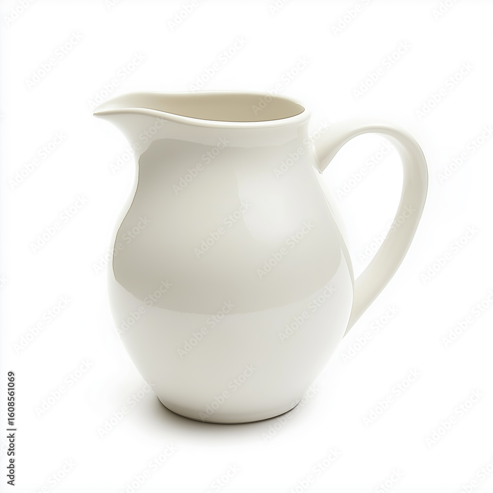 Minimalist white ceramic pitcher with curved handle, isolated on clean background for kitchen and dining design concepts Minimalist white ceramic pitcher with curved handle, isolated on clean background for kitchen and dining design concepts