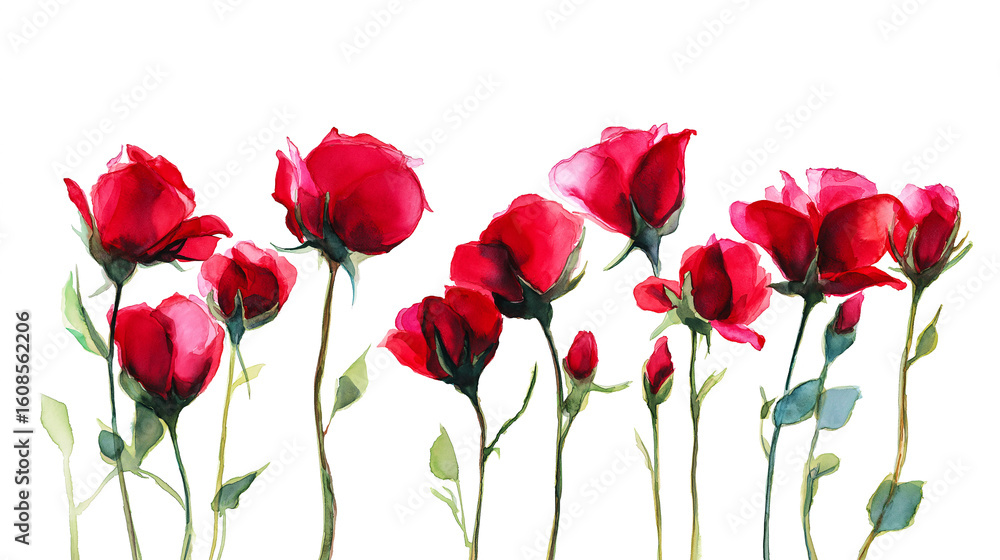 Obraz premium Watercolor painting of blooming red roses with lush green stems, isolated on a transparent background. Ideal for wedding invitations, floral packaging, and romantic design projects.