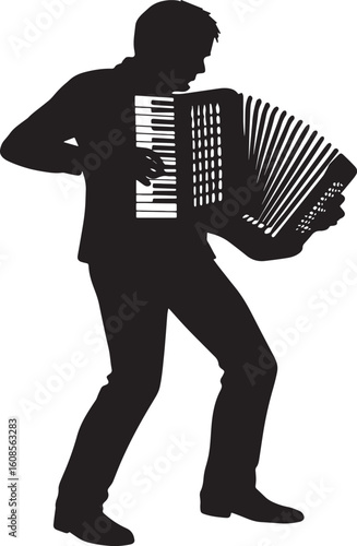 Silhouette of a person playing accordion in a vintage musical style