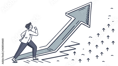 Illustration of business man running up arrow for success growth career development and achievement concept