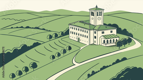 Illustration of country estate building on hill with green landscape and winding road drawing design