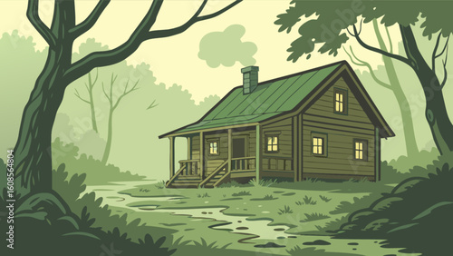 Illustration of a cozy cabin in the woods with chimney smoke and green foliage, perfect for nature lovers