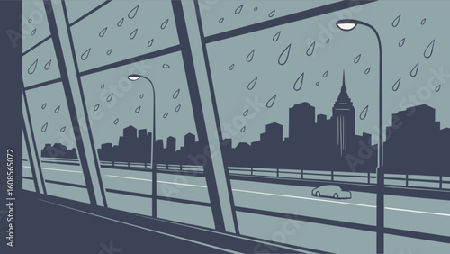 Rainy city skyline view from bridge with car and streetlights vector illustration design concept