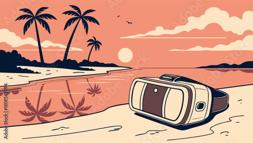 Vr beach vacation concept with metaverse travel and virtual reality headset on tropical beach scene one hundred