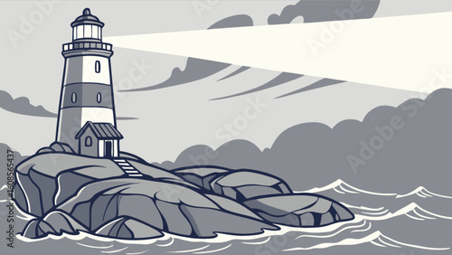 Lighthouse vector illustration with ocean view and light beam in grayscale for web and graphic design use