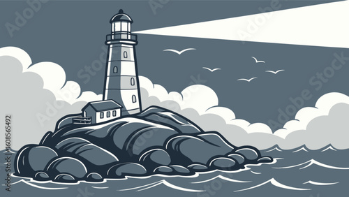 Lighthouse ocean view vector illustration with light beam and birds flying in the sky drawing design