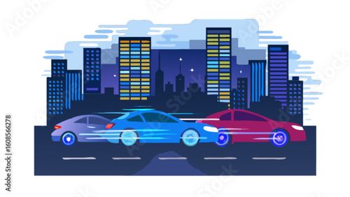 Cityscape car racing at night vector illustration for transportation and automotive industry design needs