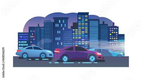 Night city car drive cityscape urban scene vehicle transport automobile skyline modern building travel