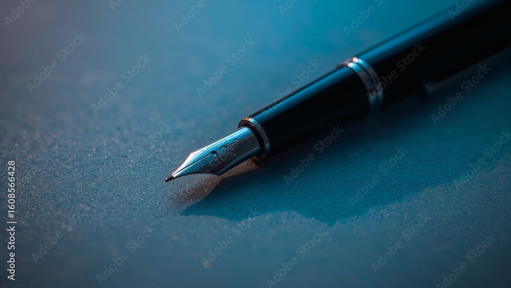 Engraved metallic nib of black fountain pen on dark blue textured surface Engraved metallic nib of black fountain pen on dark blue textured surface