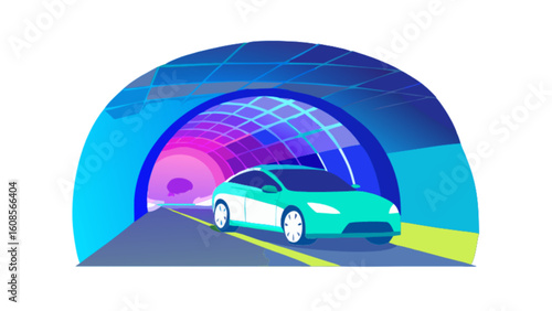 Electric car driving through tunnel illustration for automotive industry and transportation design