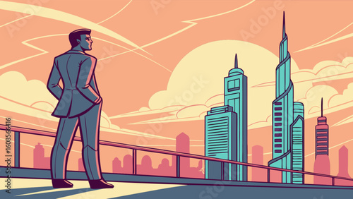 Businessman looking at city skyline vector illustration cityscape future success concept design art
