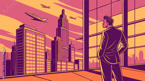 Businessman looking at city skyline skyscrapers buildings and airplanes for business success concept art