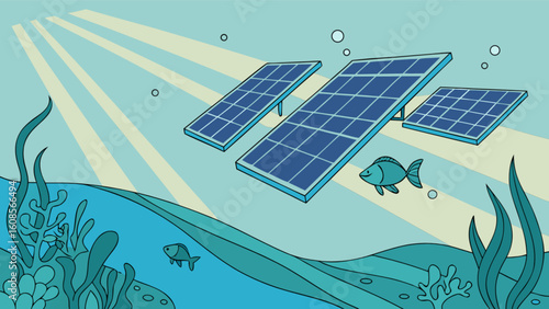 Underwater solar panel installation illustration for renewable energy and sustainability concept design art