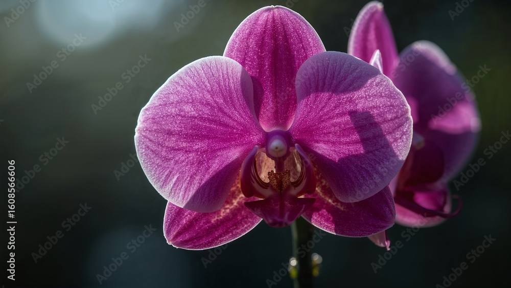 Fototapeta premium Macro shot of a fuchsia phalaenopsis orchid blossom on dark blurred background