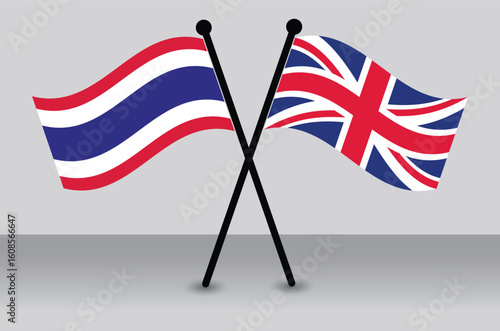 Crossed Flags of Thailand and the UK, Waving Flags Flat Style. Official Proportion.