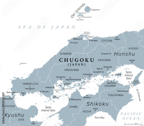 Chugoku, region of Japan, gray political map. Also known as Sanin-Sanyo region, the westernmost region of Honshu, consisting of the prefectures of Hiroshima, Okayama, Shimane, Tottori, and Yamaguchi.