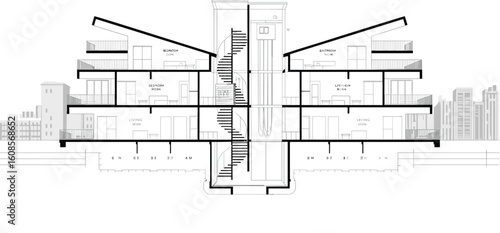 Modern building sectional drawing, multi-level architectural elevation, residential apartment floor plan, interior design, black white vector illustration layout
