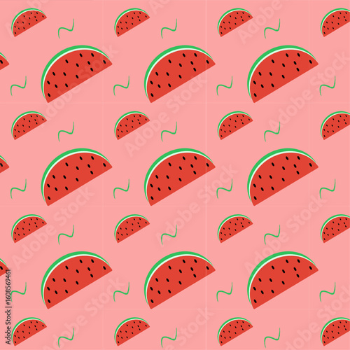 Repeating pattern of watermelon slices on a pink background.