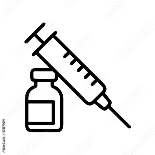 A minimalistic illustration of a syringe and vaccine vial, symbolizing health, medicine, and immunization.