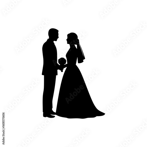 Silhouette of bride and groom standing face to face on wedding day holding bouquet
