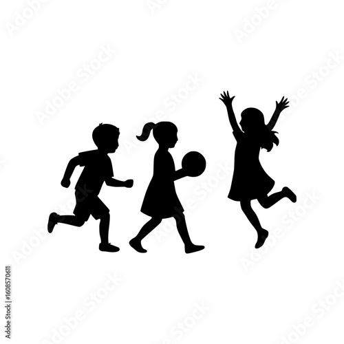 Silhouette of Three Children Playing and Running Isolated on White Background
