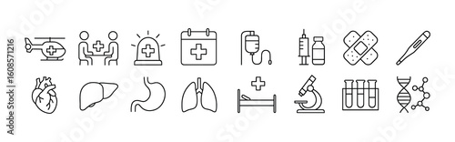 Medical Emergency and Healthcare Line Icons Set - Helicopter, Organs, Lab Tests, and Hospital Equipment Symbols