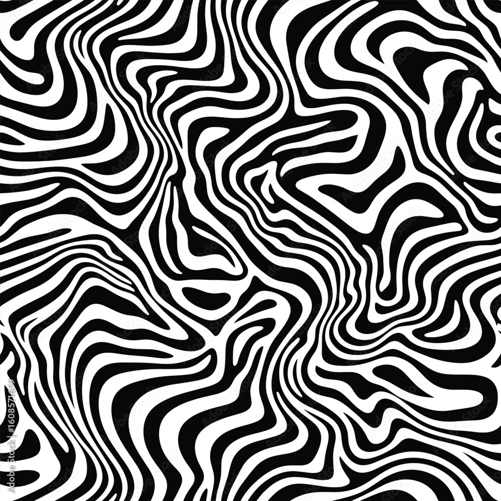 Fototapeta premium Dynamic Seamless Zebra Print Pattern - Abstract Black and White Wavy Stripes Background for Fashion, Textile, and Wild Animal Designs