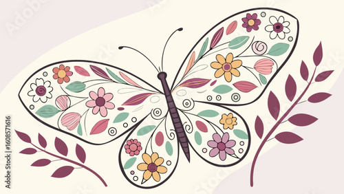 Floral butterfly design with flowers and leaves vector illustration for spring and summer season art 100