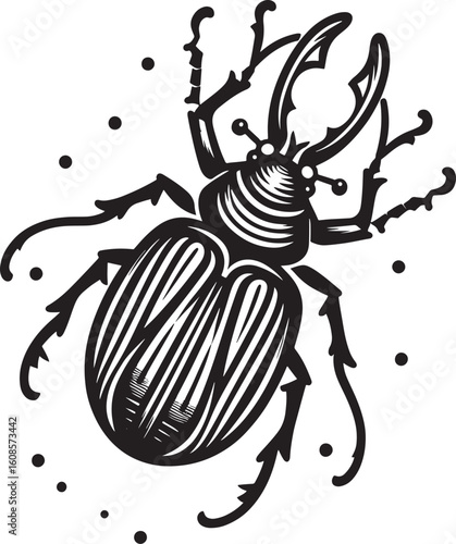 Black and white image of beetle on white background. Vector illustration