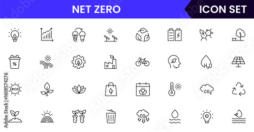 Net zero vector line icons featuring sustainability, environment, social responsibility, governance, recycling, renewable energy, ethics, community, and corporate accountability concepts.