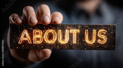 Wallpaper Mural Man holding digital "ABOUT US" sign with glowing text and futuristic interface, representing corporate identity, team introduction, and company values presentation concep  Torontodigital.ca