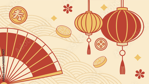 Celebrate chinese new year with traditional lanterns fan and festive elements for a prosperous lunar new year
