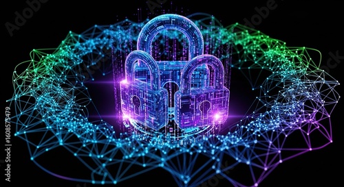 Three padlocks connected by a network of glowing dots against a dark background.