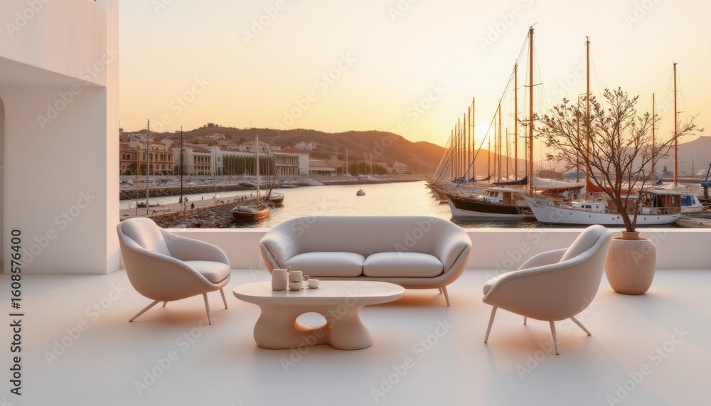 Fototapeta premium Coastal Living Room with Harbor View
