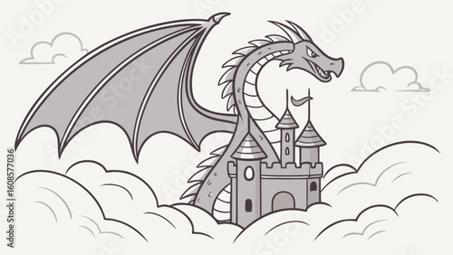 Dragon fantasy art flying above castle in the clouds drawing vector illustration design image