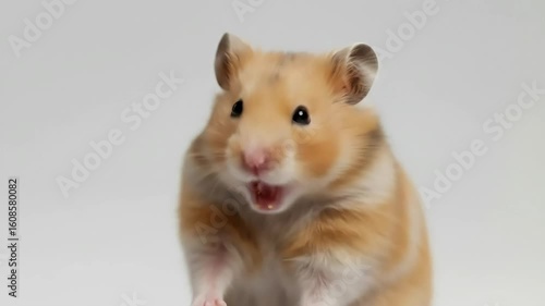 Hamster yawning wide showing teeth on white background.