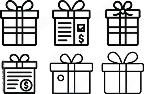 Gift Box Icons: A collection of stylized gift box icons, each adorned with a bow, presents a diverse set of gifts that convey variety of things