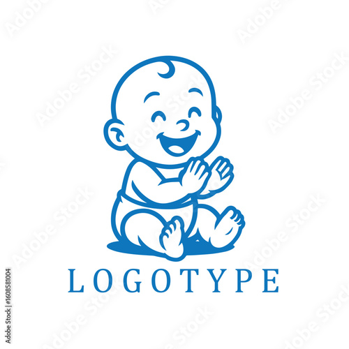 A joyful baby is sitting and clapping with a big smile. The cartoon-style illustration uses bold black outlines on a white background, creating a cute, simple, and playful logo design.