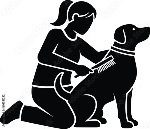 Vector art of a woman is grooming a dog with a brush