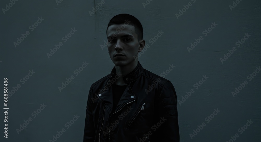 Obraz premium A young man in a black leather jacket, facing forward against a muted gray wall