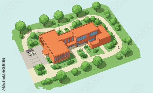 Modern isometric house architecture, large suburban home design, green landscape, driveway, trees, contemporary residential exterior illustration, urban planning, cartoon style building visualization