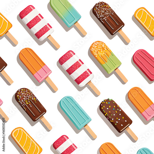A seamless pattern of colorful and delicious ice cream popsicles
