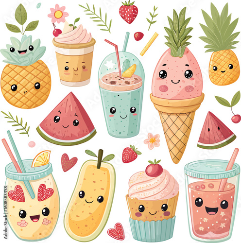 Kawaii fruit and dessert characters isolated on white background