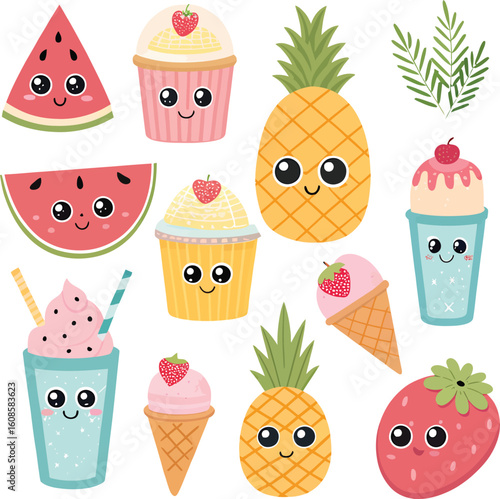 Collection of kawaii fruit and dessert characters isolated on white