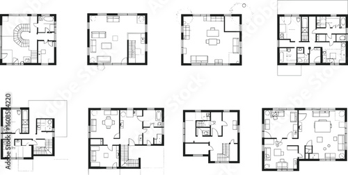 Modern residential architectural floor plans collection, detailed top view layout with rooms, furniture, doors, bathroom, kitchen, living space, blueprint for home design